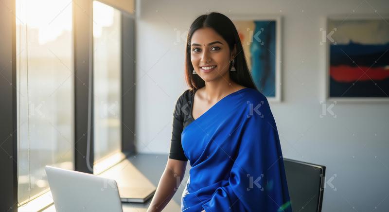 Young indian woman in saree using laptop at office