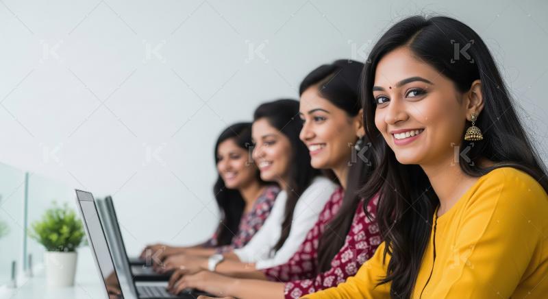 A row of young Indian women in ethnic wear work on laptops in a