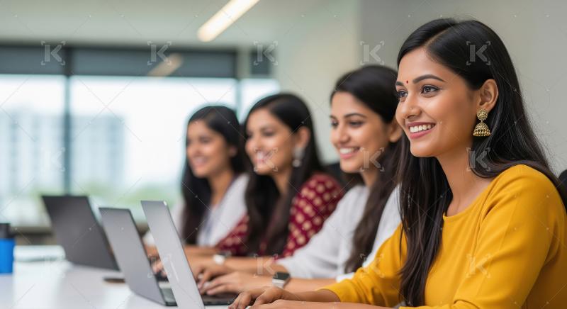 A group of Indian women work together on laptops in a bright, mo