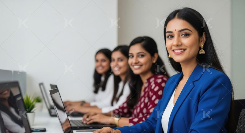 A row of young Indian businesswomen in ethnic and formal wear wo