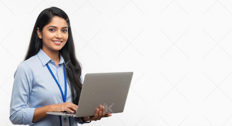 Indian woman in a light blue formal shirt with an ID badge works