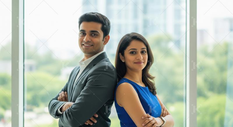 Two confident young Indian professionals, a man in a suit and a