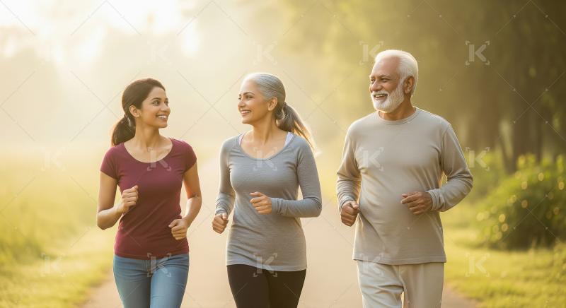 A multigenerational Indian family jogs together on a sunlit park