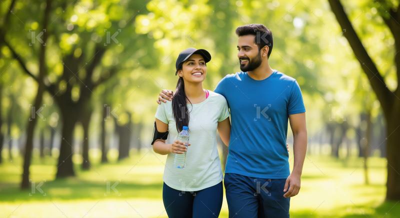 A young Indian couple in sporty attire walk together in a sunlit