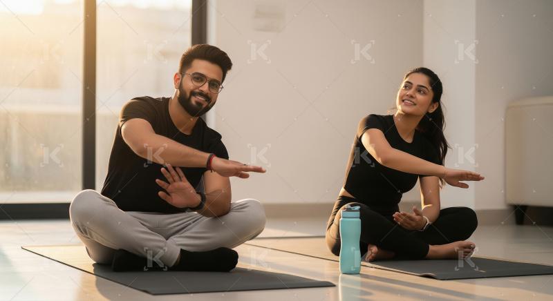 Indian man and woman perform yoga stretches together on mats in