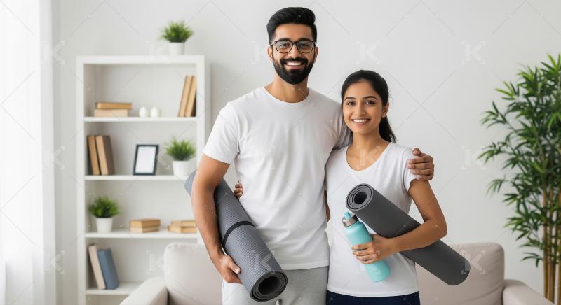 Indian couple, dressed in activewear, pose at home with yoga mat