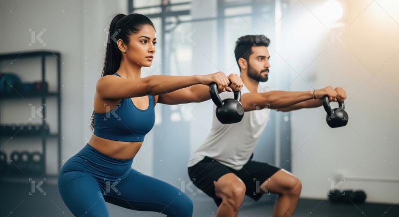 A fit woman and man in gym attire perform squats together holdin