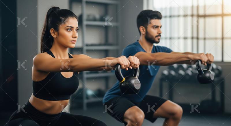 A fit woman and man in gym attire perform squats together holdin