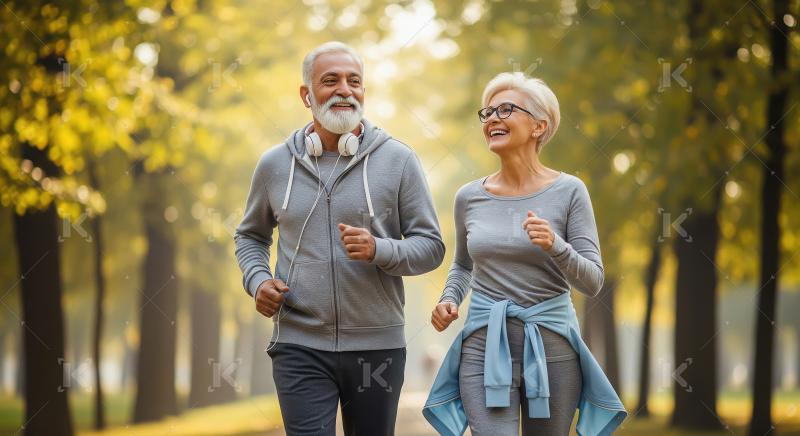 Elderly couple in sportswear jogs together in a sunlit park, enj