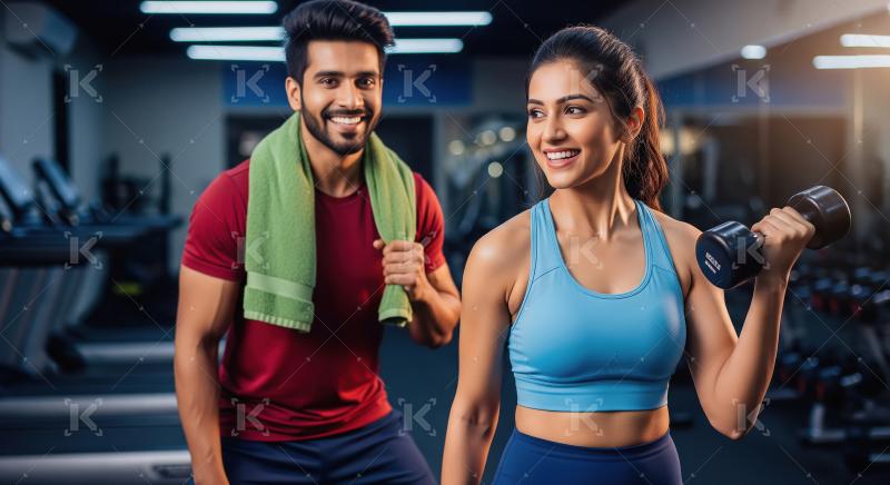 Indian couple work out together in a modern gym, with the woman