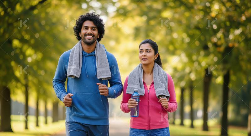 Indian couple in sport jackets take a morning jog together along