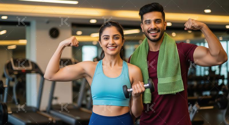 A muscular couple in gym attire smile and flex with a dumbbell,