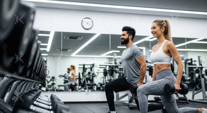 A fit couple executes dumbbell lunges together in a modern gym