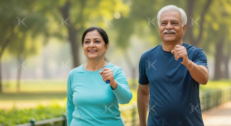 Elderly couple in sportswear jogs together in a sunlit park, enj