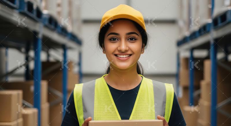 A logistics worker in a yellow cap and safety vest prepares a pa