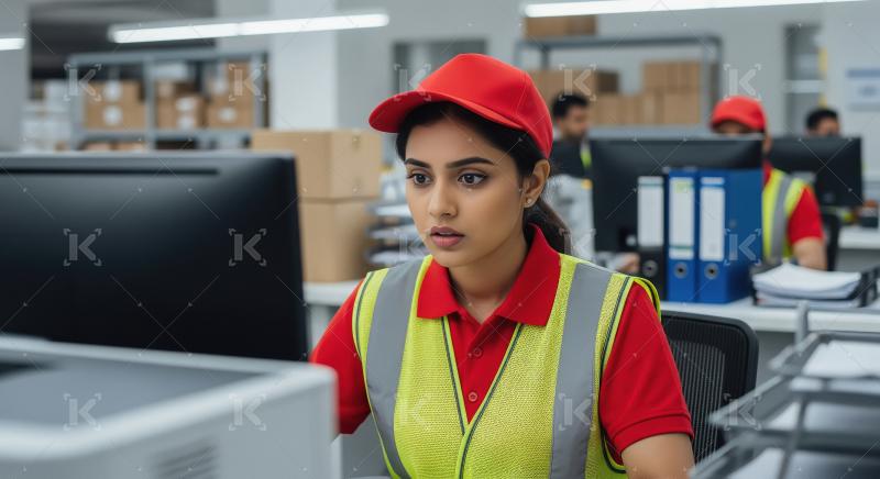 A female warehouse employee in a red cap and safety vest manages