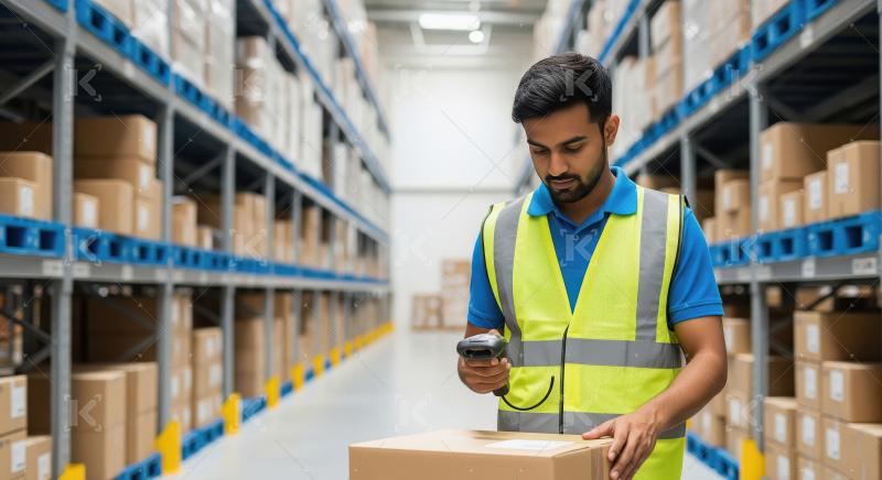 A warehouse worker in a yellow safety vest scans packages with a