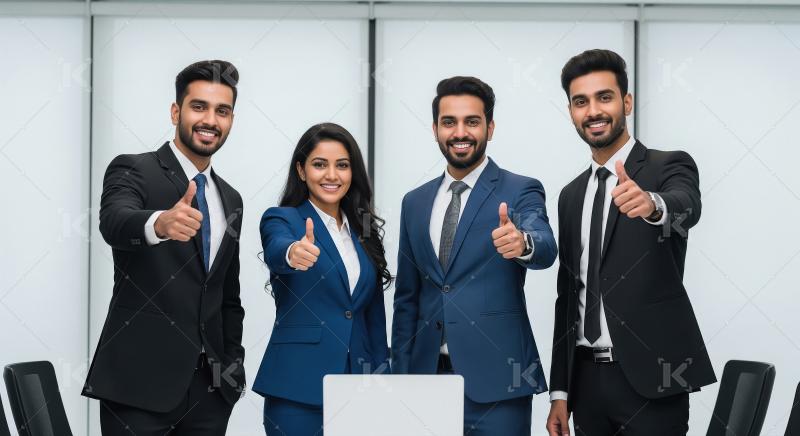 Four confident business professionals, three men and one woman,