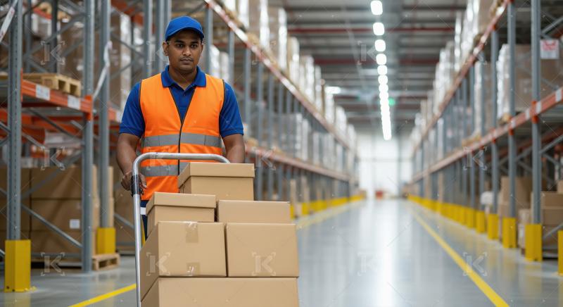 A male warehouse worker in an orange vest and blue cap moves sta