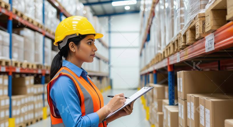 A female warehouse worker in a safety helmet and vest checks inv