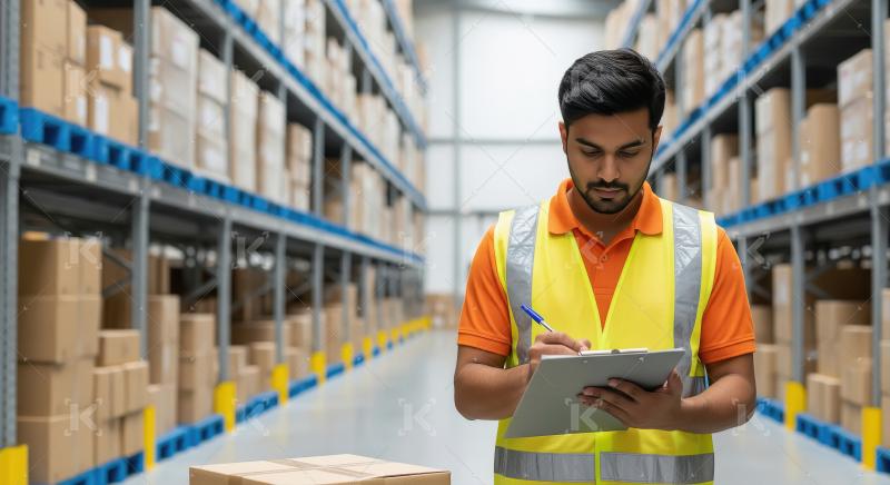 A logistics supervisor in a yellow vest and orange shirt records