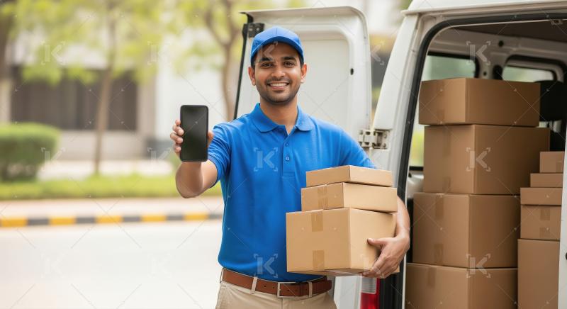 A delivery professional in a blue uniform stands by a van full o