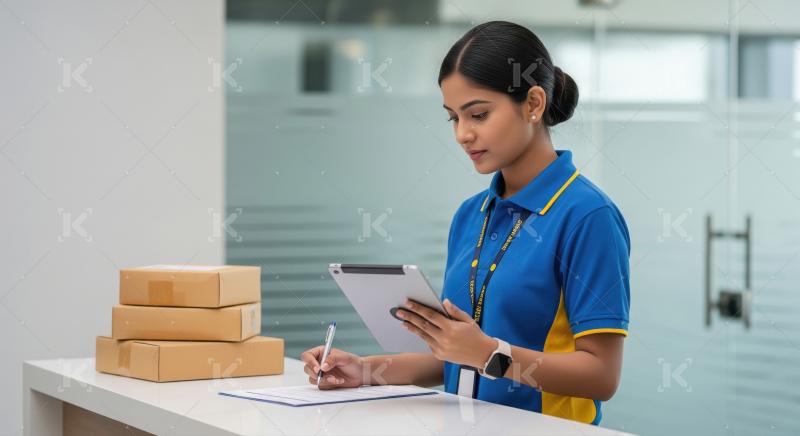 A female logistics employee in a blue uniform registers packages