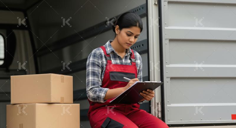 A logistics worker sits on the edge of a delivery van, recording