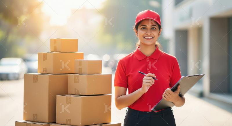 Young woman holding clipboard surrounded by cardboard boxes