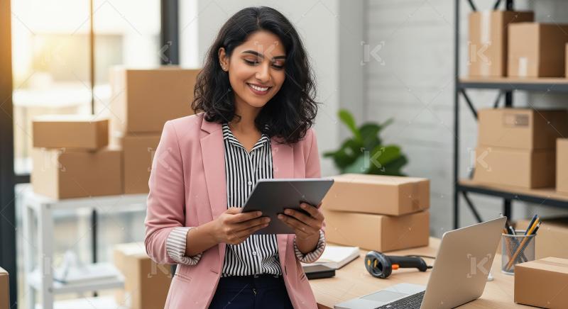 Young woman holding tablet surrounded by cardboard boxes