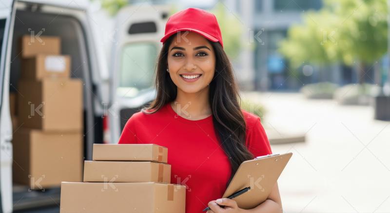 Young woman holding clipboard surrounded by cardboard boxes