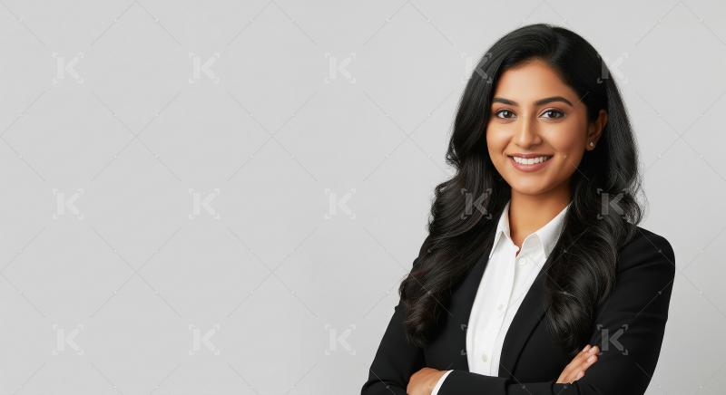Indian businesswoman with long, wavy hair poses confidently with