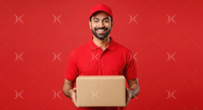 Happy indian delivery boy holding cardboard box in hand