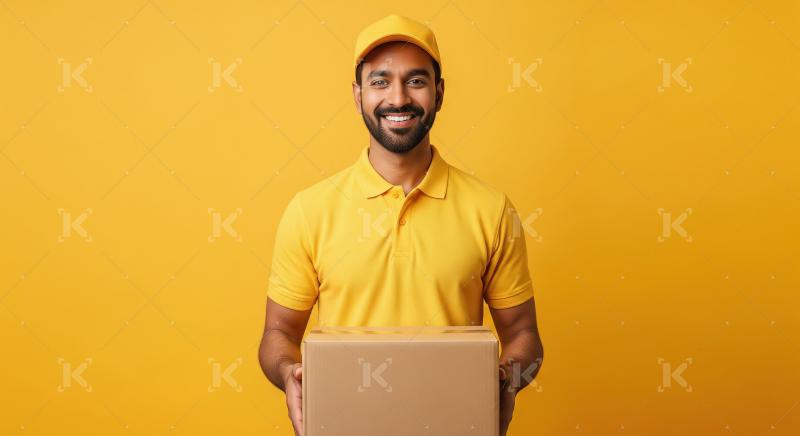 Happy indian delivery boy holding cardboard box in hand