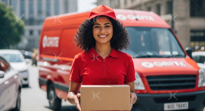 Female delivery courier in a red uniform and cap holds a cardboa