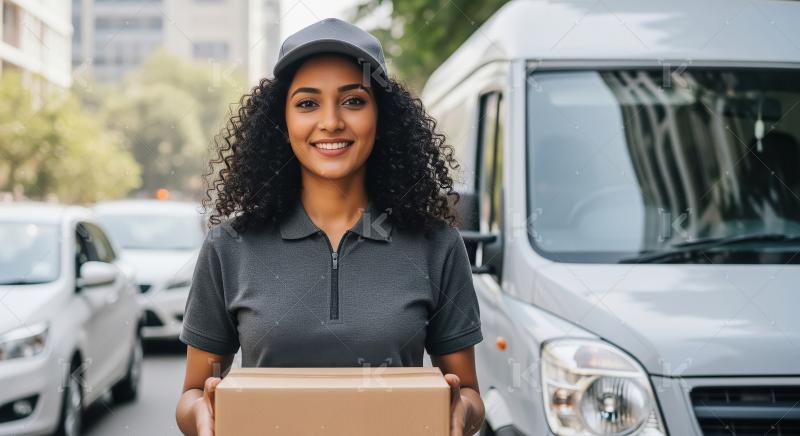 Female delivery courier in a red uniform and cap holds a cardboa