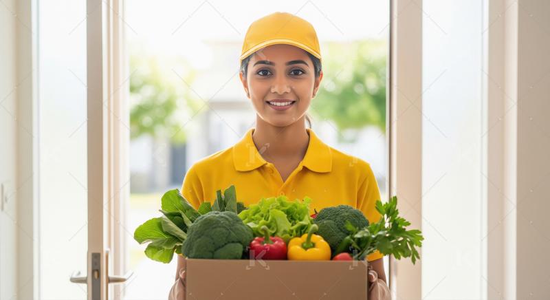 A delivery person in a yellow uniform stands at the door holding