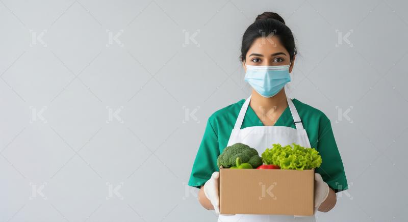 A delivery person in a yellow uniform stands at the door holding