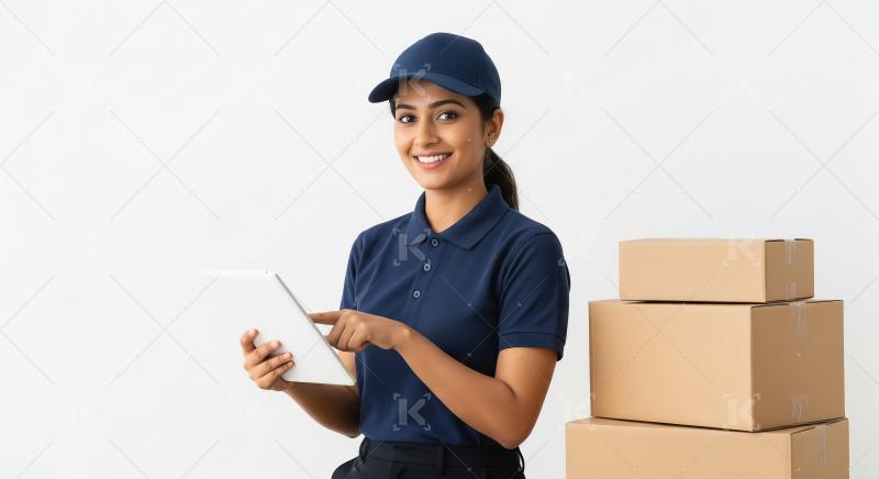 Young woman holding tablet surrounded by cardboard boxes