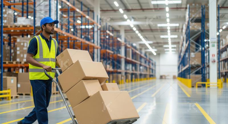 A logistics warehouse worker in a yellow safety vest and blue ca