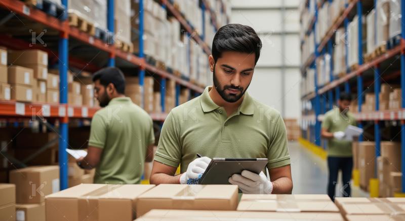 A logistics warehouse worker in gloves and a green polo uses a t