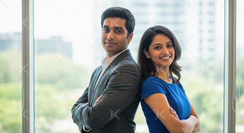 A confident man and woman stand back-to-back in formal office at