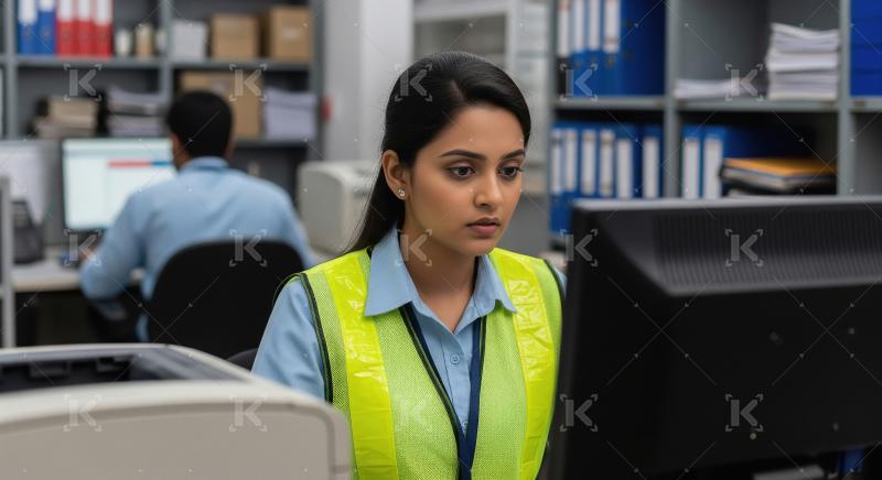 A female logistics staff member in a fluorescent safety vest wor