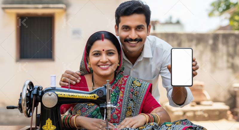 An Indian woman in traditional attire at a sewing machine is sup