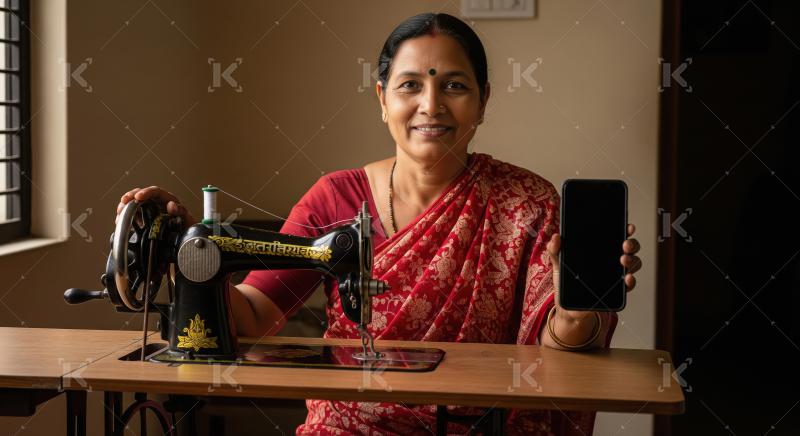 Indian woman tailor in a red saree sits in her home workshop wit