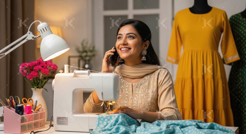 A modern Indian designer in embroidered attire works on a sewing