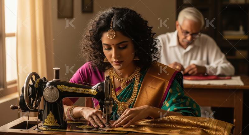 Indian woman working on sewing machine