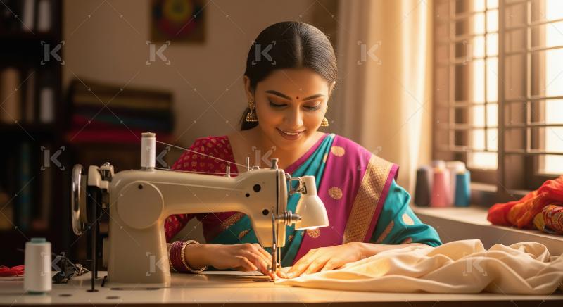Indian woman working on sewing machine