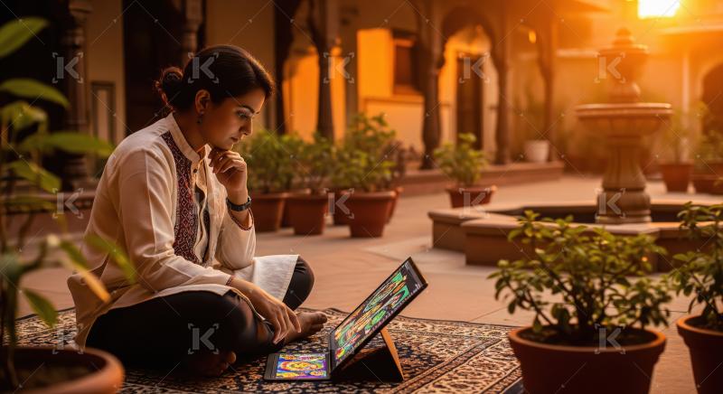 Indian woman thoughtfully creating digital art on a tablet surro