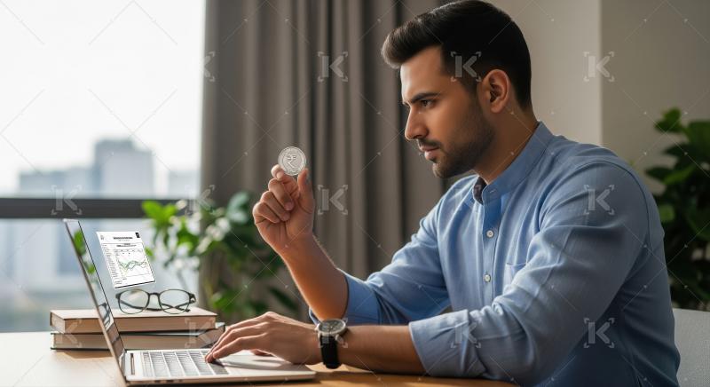 Indian man in a business setting works on a laptop, holding a ru